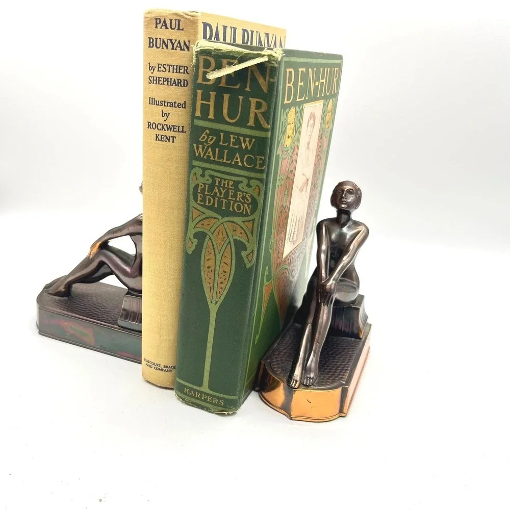 Vintage Art Deco Bronze Tone Clad Seated Nude Female Bookends Japan Pair Patina